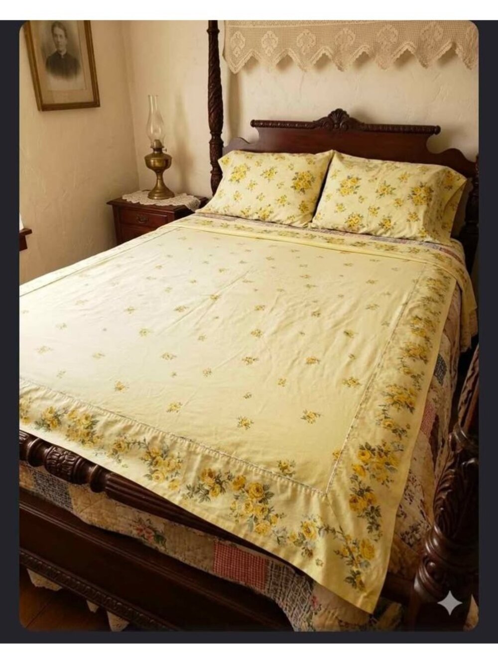 Vintage yellow floral Queen flat sheet